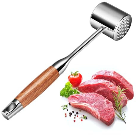YUNYDSM Fleischklopfer, Schwer Belastbar Fleischhammer, Steakhammer mit Holzgriff, Doppelseitiger Fleischklopfer aus Edelstahl, 2 in 1 Robuster Hammer for Steak, Hühnchen, Geflügel