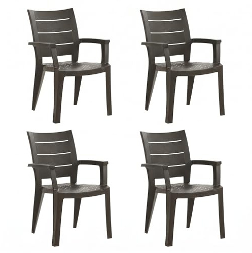 SHAF - Pack 4 Sillas de Jardín Apilables– Exterior Terraza y Catering – Plástico Reciclado Resistente UV – Diseño Ergonómico – Modelo Legno con Textura de imitación a Madera – Antracita