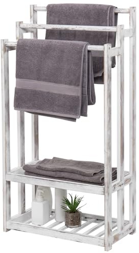MyGift 3 Tier Bathroom Towel Rack Freestanding, Free Standing Bath Towel Drying Holder Stand with 2 Slatted Bottom Storage Organizer Shelf, Farmhouse Whitewashed Solid Wood