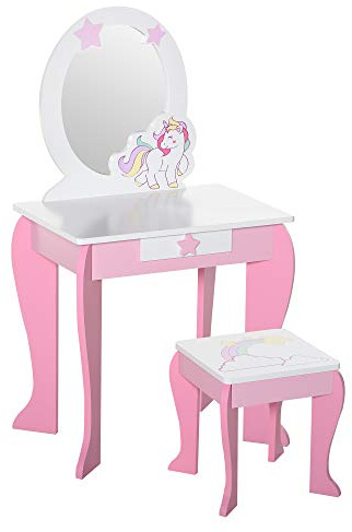 HOMCOM Coiffeuse Enfant Design Licorne - Tabouret Inclus - dim. 49L x 34l x 90H cm - tiroir, Miroir - MDF - Rose Blanc