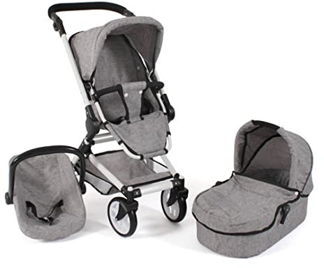 Bayer Chic 2000 Puppenwagen Fides, 3in1 Puppenwagen-Set bestehend aus Babywanne, Sportsitz und Autositz, 61 x 44,5 x 85 cm, Jeans Grau