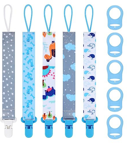 Schnullerkette Junge, 5er Baby Schnullerband Stoff mit 5er Silikonring, Schnullerketten mit Clips, Personalisiert Nuckelketten für Schnur Lätzchen Dreieckstuch Schnuller (Braun)