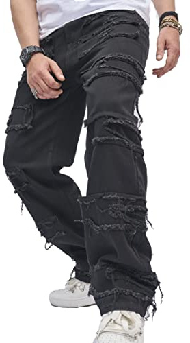 WEIBUMAOYI Pantaloni larghi da uomo Jeans da uomo vestibilità rilassata Jeans da carpentiere a gamba dritta oversize lavati (010-blackpatch001-28)…