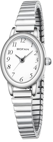 BOFAN Small Watches for Women Easy Read Ladies Quartz Wrist Watch with Silver Stainless Steel Expansion Band,Waterproof.（6.10in-6.89in）