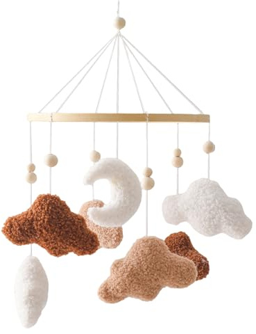 Uixxducc Mobile Baby Windspiele, Babybett Mobile Holz mit 3D Wolken Mond, Kinderzimmer Hängende Bettglocke, Neugeborenen Geschenk für Baby Jungen und Mädchen (Braun)