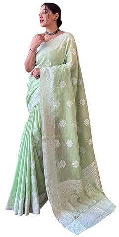 Laavaan Sari de seda de algodón para mujer con pieza de blusa sin coser, Verde pastel., talla única