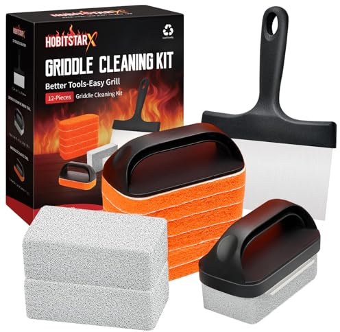 Griddle Cleaning Kit for Blackstone – Grill Stone, Non-Scratch Scouring Pads, Heavy-Duty Scraper & Ergonomic Handles – Flat Top Grill Accessories (12PCS Orange)