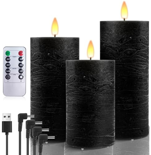 AnnSpa LED Candles 3 Set USB Rechargeable with Remote and Timers, Electric Candle, Led Candle with Remote Control, Flameless Real Wax Pillar Candles for Decoration, Wedding - Black