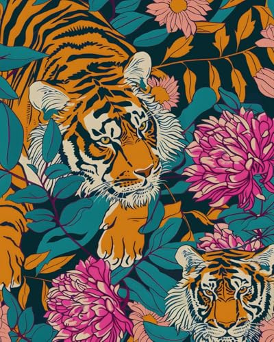 BOKEBEVE Tiger Wallpaper Peel and Stick Vintage Floral Contact Paper Retro Boho Leaf Wall Paper Removable Waterproof Renter Friendly Wall Decor for Bedroom Countertop Desk Cabinet 17.5 x 118In