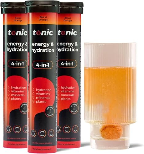 Tonic Health Energy and Hydration Tablets - 15 Vitamins, Minerals, Plants with Panax Ginseng, No Sugar Effervescent Multivitamins - Rehydration Electrolytes Tablets, Blood Orange 60 Count