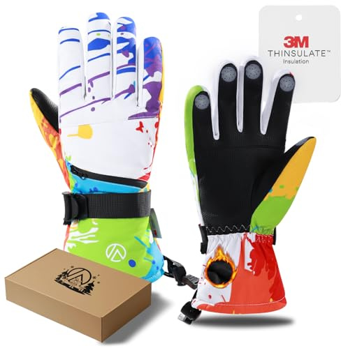 INPAKO Kids Snow Gloves, Warm Waterproof Ski Gloves Fit Both Boys & Girls, Sking Glove for Child Kid Winter Cold Weather Color Splatter(White) XS
