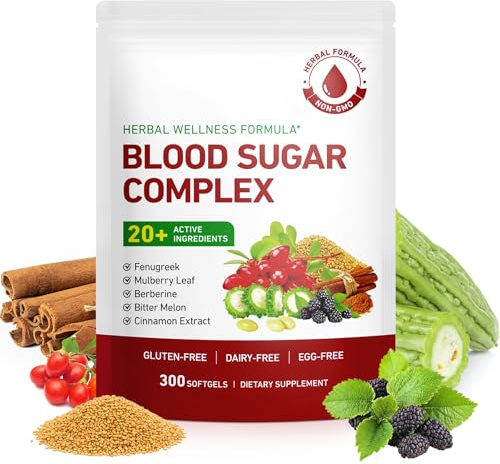 Blood Sugar Complex Supplement | 20+ Active Herbs-Berberine, Cinnamon, Bitter Melon, Mulberry Leaf, Fenugreek, Vitamins for Immune/Metabolism/Balance/Energy, Blood Sugar Level Support | 300 Softgels