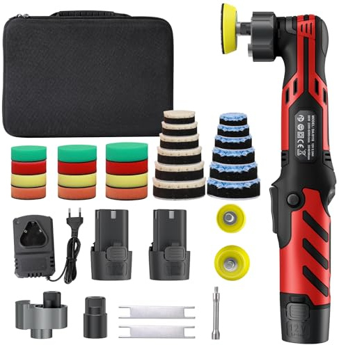 Mini lucidatrice a batteria, batteria da 12 V, 6 velocità, 5 mm e 12 mm, eccentrico, 2500 – 6000 giri/min, lucidatrice rotativa ed eccentrica, 2 batterie da 2,3 Ah, per la cura dell'auto, lucidatura