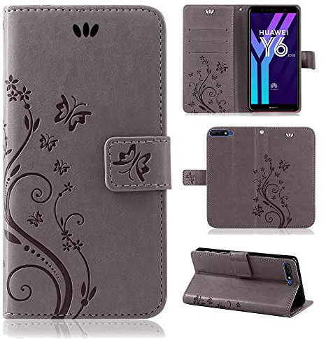 betterfon Hülle Kompatibel mit Huawei Y6 (2018) | Premium PU Leder Handyhülle Wallet Case für Y6 (2018) | Schutzhülle Blumen Klapphülle Handyhülle | Grau