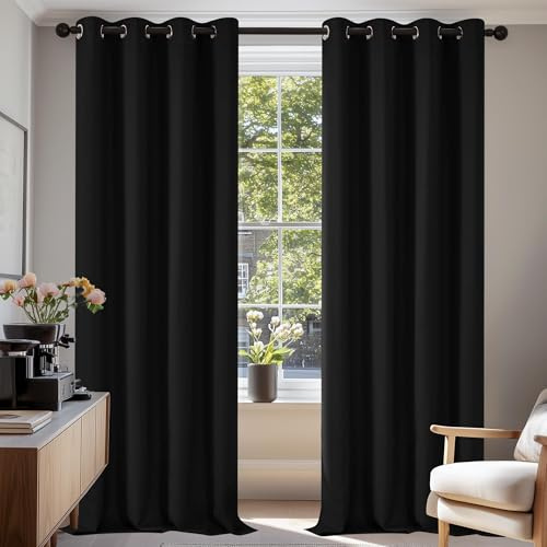 Deconovo Solid Thermal Insulated Energy Saving Eyelet Blackout Curtains for Bedroom Including 55x79 Inch Two Panels Black