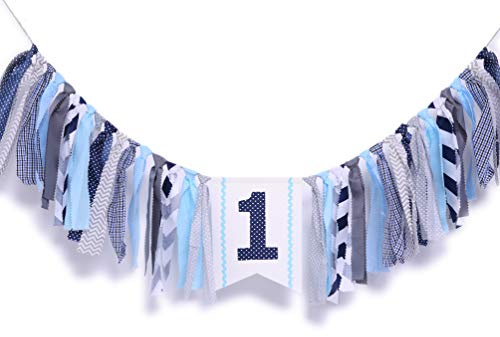 WAOUH 1st Birthday High Chair Banner - First birthday party Decorations For Rag Tie Fabric Garland，Photo Booth Props, Souvenir And Gifts (Navy Blue Birthday Banner)