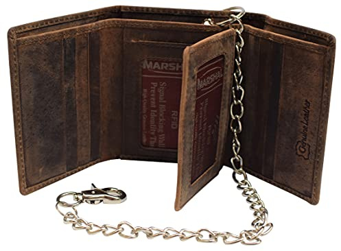 RFID Blocking Mens Chain Biker Vintage Genuine Leather Classic Trifold Wallet (Brown with Chain)