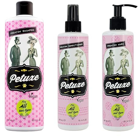 Petuxe Cosmetics Pack de Cuidado Completo Limpia, Hidrata, Suaviza y Protege el Pelo de Perros y Gatos. Champú 500 ml, Mascarilla 300 ml y Acondicionador 300 ml para Mascotas de Todas Las Razas.