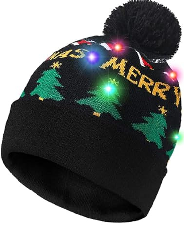 JFAN Natale Cappello Lavorato A Maglia da Adulti Unisex con LED Inverno Light Up Caldo Partito Motivo Natalizio Nero-Albero di Natale Taglia Unica