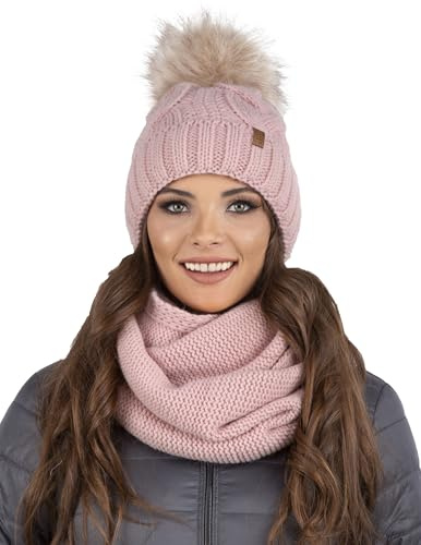Vivisence Gorro Y Bufanda De Otoño Invierno para Mujer Tubo con Forro Polar Interior Corte Clásico Diseño Elegante con Pompón De Piel Sintética 7014Kmpl, Rosa Claro,Talla Única
