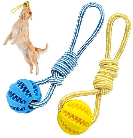 ANZOME Hundeball, 2er-Pack Ø 6 cm Ball Hund mit Seil für kleine und mittelgroße Hunde, Hundeball unzerstörbar für Hund Spielspaß und Zahnpflege (Gelb/Blau)