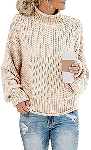JFAN Pull Col Roulé Femme Manche Longue Epais Femme Top Col Roulé Casual Manches Longues Tricot Chandails Pullover Pull Femme Hiver Chaud(Abricot,L)