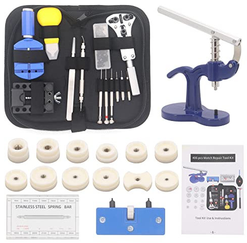Yuhtech Uhrenwerkzeug Set, 404 Pcs Uhr Reparatur Werkzeug Uhr Presse mit 12 Druckplatten Kunststoffeinsätze Uhrmacherwerkzeug Uhr Werkzeug Tasche