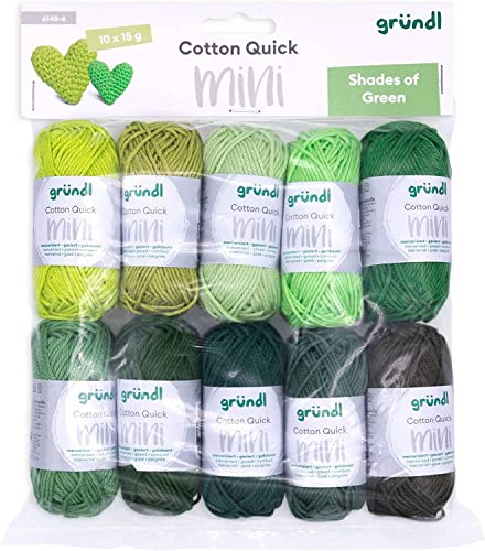 Gründl Wolle Cotton Quick Mini Shades - dünne Wolle zum Häkeln von kleinen Figuren - Glänzend und hautfreundlich - 100% Baumwolle - 10 Miniknäuel 15 g / 37 m - Nadelstärke 3-4 - grün