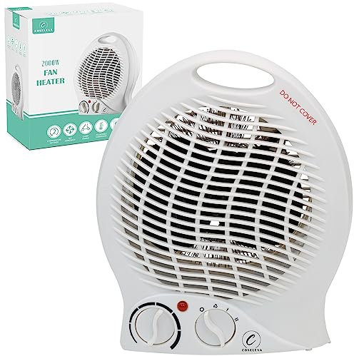 Coselena Electric Heater - 2KW Fan with 2 Heat Settings & Cooling Function - Portable with Adjustable Thermostat - Low Energy Silent Heating for Home, Office & Indoor Use - White