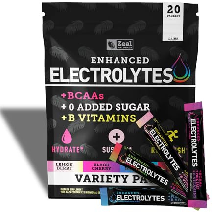 Zeal Naturals Enhanced Electrolyte Powder Stick Packs (Variety Pack - 20 Packets) Sugar Free + BCAA B-Vitamins & Pink Himalayan Salt - Keto Electrolytes, Hydration Powder