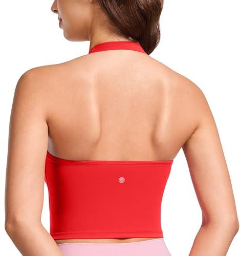 CRZ YOGA Butterluxe Halter Crop Linnen | Lätt stöd, Avtagbara vadderingar, Yoga, Extremt mjuk, Öppen rygg, Långa sport-BH:ar för kvinnor