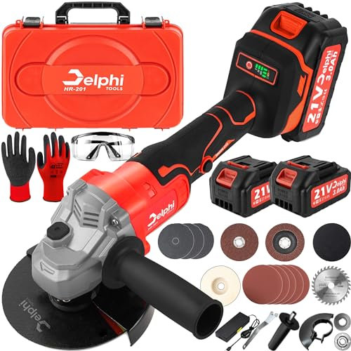 DELPHI Winkelschleifer Akku 21V, 1200W, 125mm, Bürstenloser Motor, M10 Spindelgewinde - Trennschleifer & Akkuflex mit 2 Akkus, Transportkoffer - Zum Schneiden, Schleifen & Polieren