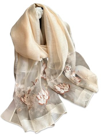 LumiSyne Bufanda De Seda De Morera Bufanda De Gasa Para Mujer Delicado Bordado De Flor De Loto Tul Transparente Ligero Suave Pañuelo Largo Chales De Protección Solar Estola Primavera Otoño