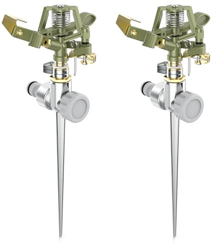 Brandson - 2X Garten Interval Sprinkler aus Metall Impulsregner Rasensprenger rotierend 24 m Reichweite, 3/4 Zoll - Adapter Schnellkupplung 1/2 Zoll, Rasensprinkler Bewässerungssystem Sprinklersystem