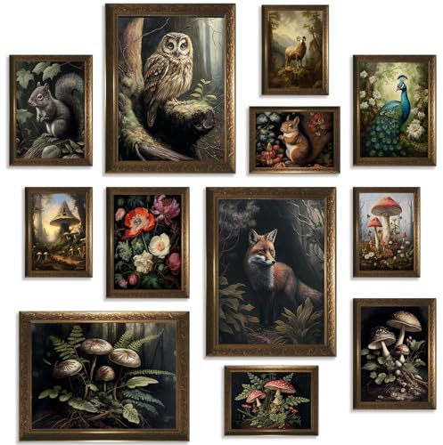 Dark Cottagecore Room Decor Aesthetic-Cottagecore Wall Decor Living Room,Dark Academia Wall Art,Moody Forest Botanical Canvas Art Prints,Grunge Fairycore Room Decor Nature Mushroom Posters Vintage Animal Pictures for Bedroom Dorm Decor,UNFRAMED