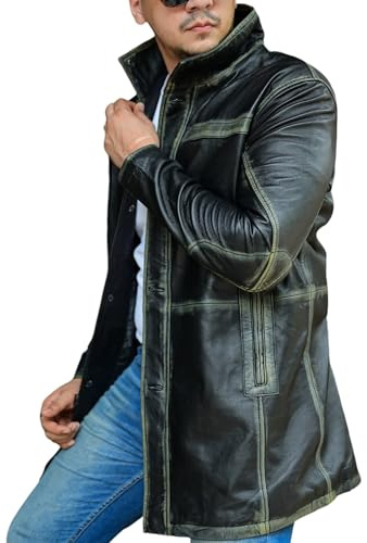 Jild Leather Car Coats for Men - 3/4 Length Trench Coat Style for Men’s Fashion Real Lambskin Leather Jacket Men (Bris-Rub-4XL)