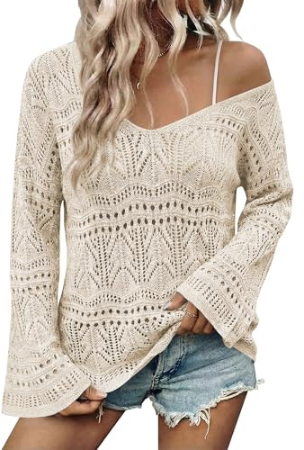 Cakulo Womens Spring Summer Off Shoulder Crochet Boho Tops Lightweight V Neck Sweaters 2026 Vacation Cruise Apricot XL