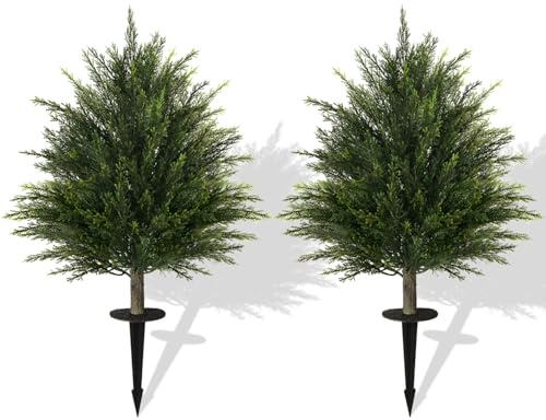 Set of 2 Artificial Cedar Topiary Ball Tree with Ground Spike, Indoor Outdoor Decorative Faux Shrub Bushes Plants Fake Greenery Cypress for Front Porch Garden Patio Home Office