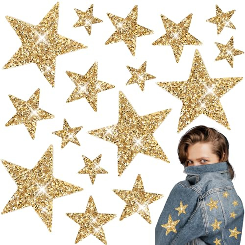 VZXQX 16 Pezzi Toppe Termoadesive Stelle, Toppe Stelle Paillettes Dorate Toppe Termoadesive per Tessuti con Strass, Stelle da Stirare per Magliette, Jeans, Cappelli, Borse e Tessuti (2/4/6cm)
