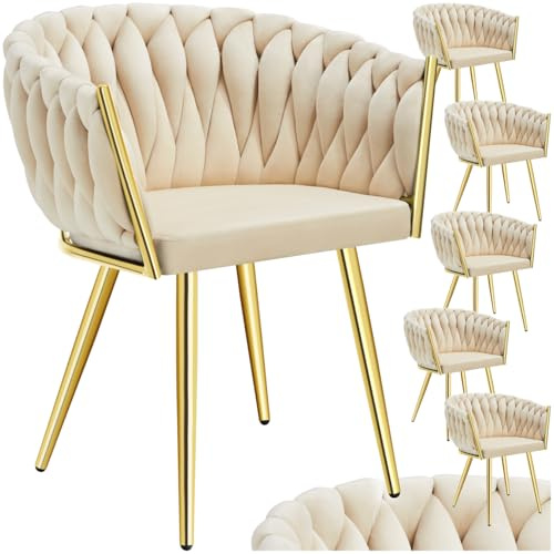 tectake®Set med 6 matstolar i sammet modern köksstol med vadderad sits, ergonomiskt ryggstöd & svarta stålben - bekväm designstol för Matrum & Kök - Sand/Guld