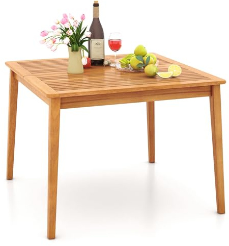 COSTWAY Mesa Jardin Exterior Cuadrada, 100 x 75,5 cm, Mesa de Comedor de Madera Acacia para 4 Personas, Agujero para Sombrilla de 5 cm, Terraza Jardin Balcon Exterior