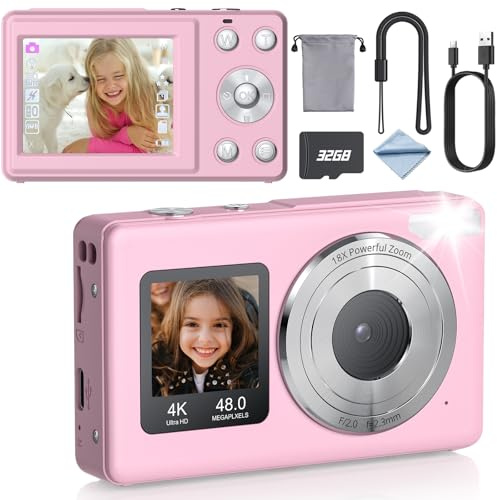 eSynic Digital kompaktkamera 4K 48 MP 18 x zooma autofokus med autofokus och fotografi digitalkamera | 32 G SD-kort |selfieskärm | laddningsbar bärbar för resevloggning, fotografi|present till barn