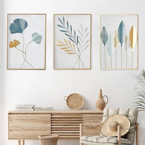 Decoracion Pared Metal, 3PCS Cuadros Decoracion Salon Moderno, Cuadros Modernos, Adornos Pared, Wall Art, Decoración Encima Cabecero Cama, para Dormitorios, Salas de Estar, Baños, Galería(Dorado)