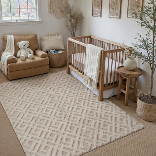 PureCozy Tappeto Salotto 150x210cm Beige Antiscivolo Lavabile Camera da Letto Grande Tappeti Moderno 3D Geometrico Carpet Sala Soggiorno Cameretta Bambino Ufficio Pelo Corto Rug