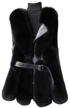 FM2018XSL Gilet da Donna in Pelliccia Sintetica di Volpe,Elegante Caldo con Cintura, per Primavera, Autunno e Inverno(Nero,M)