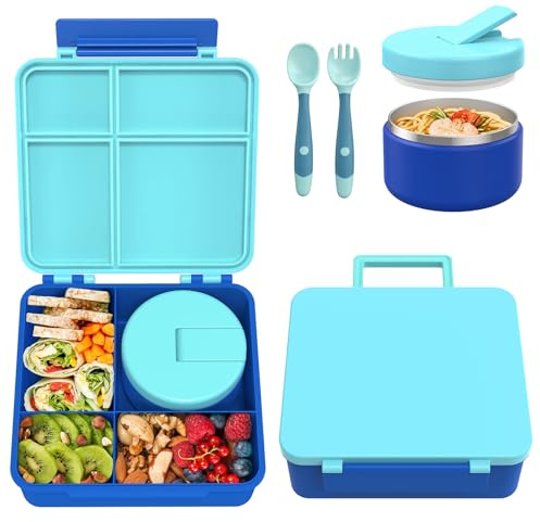 Itslife Fiambrera Infantil con 300ml Termo para Comida, Bento Box para Niños, Lunch Box con 4 Compartimentos y Cubiertos, sin BPA, Fiambrera para Niños a Prueba de Fugas, Azul