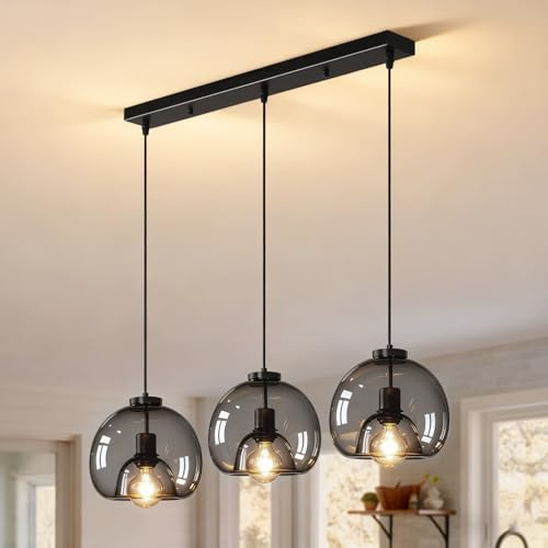 Lámpara Colgante de Vidrio Vintage, 3xE27 Lámpara de Techo de Mesa de Comedor, Pantalla de Vidrio Transparente Negro, Altura Ajustable Iluminación Colgante para Cocina Comedor Salón Bar (Sin Bombilla)
