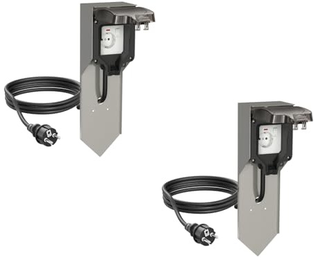 ledscom.de 2 pièces Colonne de Prises POXO avec Piquet de Terre et 2m de câble pour l'extérieur, IP65, 1x, INOX/Noir, carré, 40cm