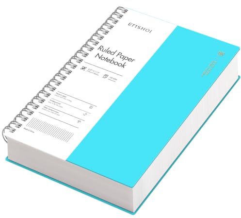 EMSHOI A4 Notebook Lined, Spiral Journal, 300 Pages, PVC Cover, Sky Blue | 100GSM Paper, Flexible Plastic Cover, Notepad with Sticky Notes, Pocket, Pen Loop, Bookmark Ruler for Writing, 21 x 28.5cm