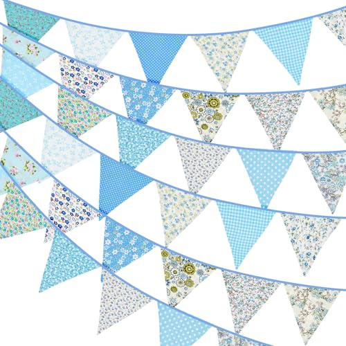 G2PLUS 36PCS Double Sided Fabric Bunting, 10M Blue Floral Cotton Banner, 17x19CM Large Triangle Garland Reusable for Indoor and Outdoor Party Decoration